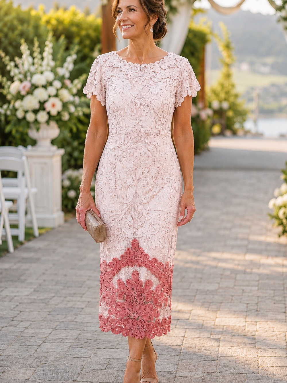 JS Collections Blush Pink Dress with Rose-Trim Hem Lace MOB Mother of the Bride